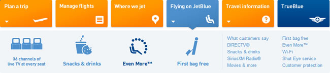 JetBlue Airways Mega Menu Design Example