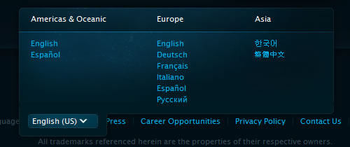 Region / language selector in Blizzard website footer