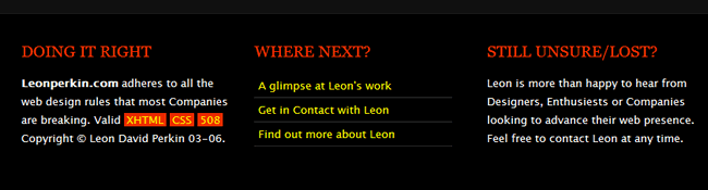 Leon Perkin website footer design example