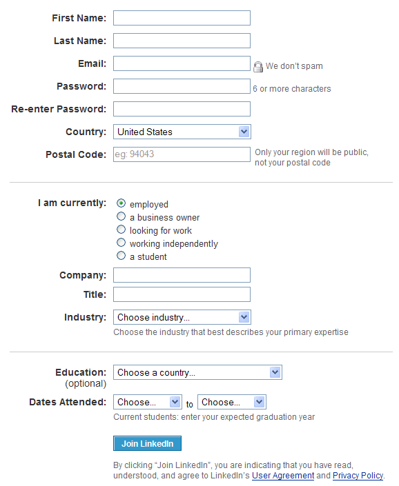 LinkedIn registration form design example