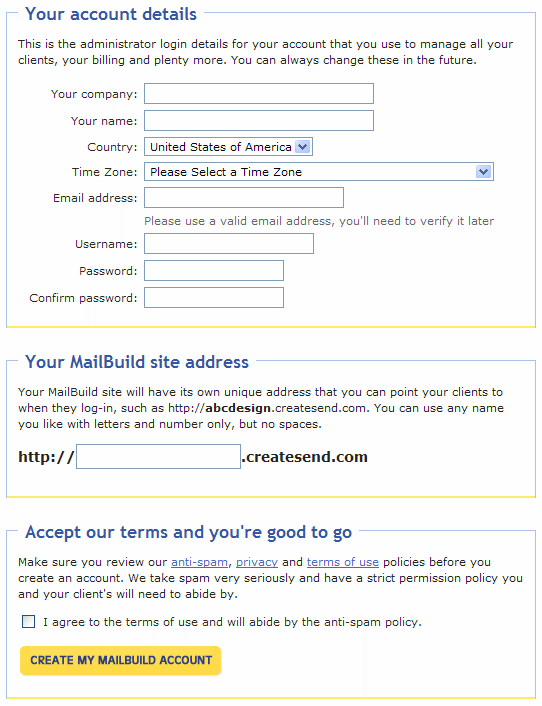 MailBuild registration form design example