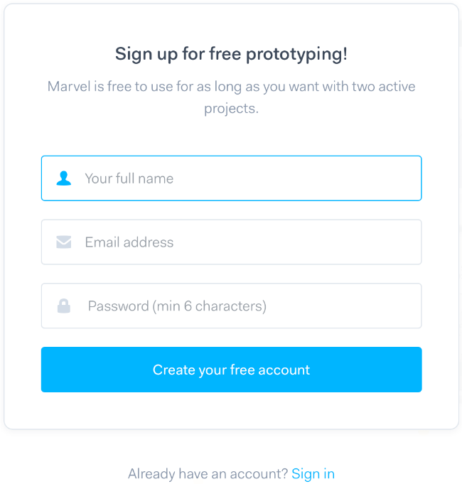 Marvel desktop website signup form