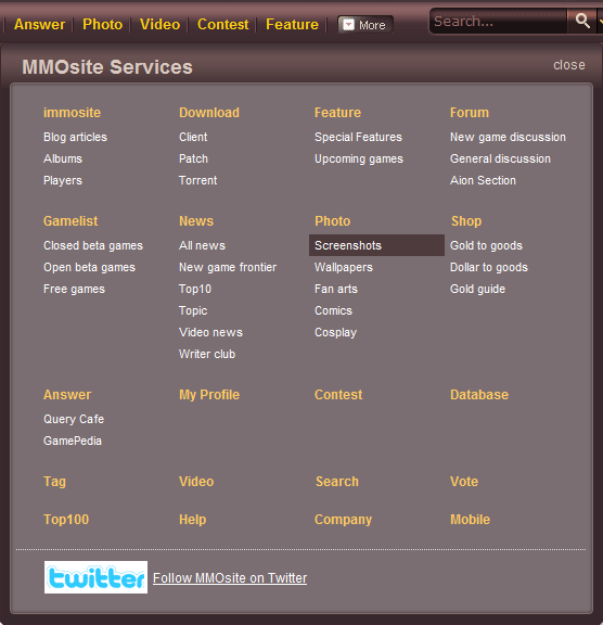 MMOSite mega menu design example