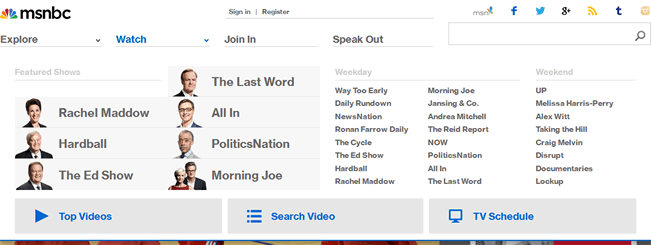 MSNBC website mega menu design example