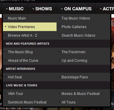 mtvU mega menu design example