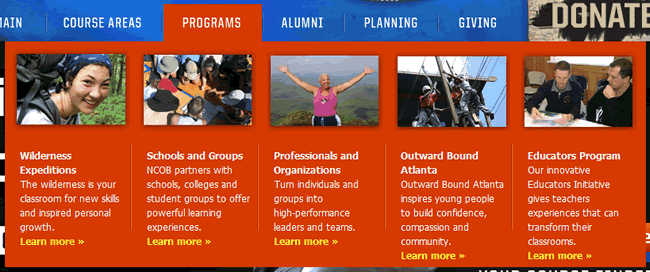 North Carolina Outward Bound mega menu design example