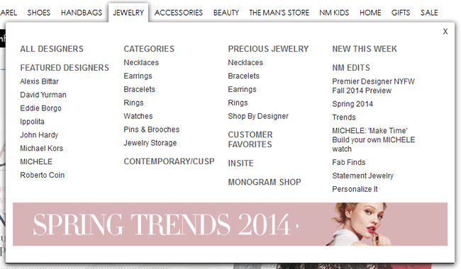 Neiman Marcus website mega menu design example