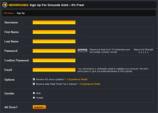 Newgrounds registration form design example