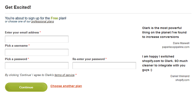 Olark online signup form design example