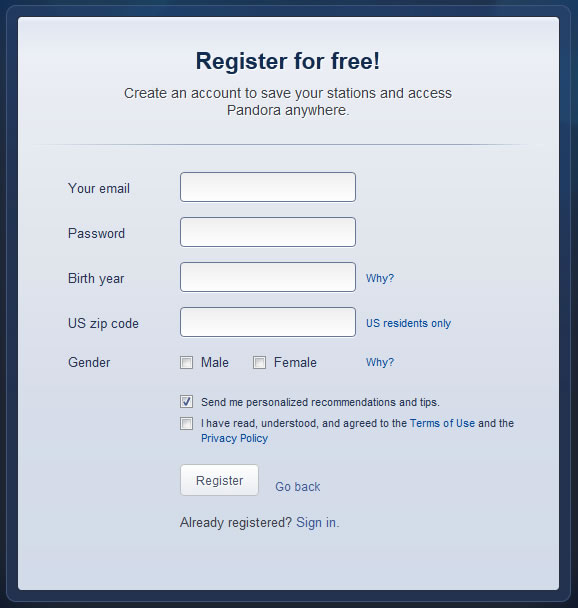 Pandora online signup form design example