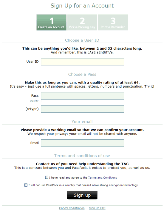 PassPack registration form design example