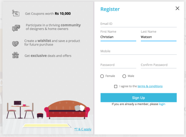 Pepperfry desktop website signup form