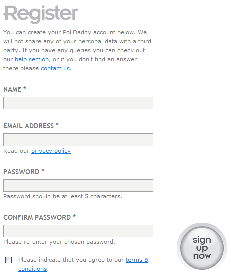 PollDaddy registration form design example