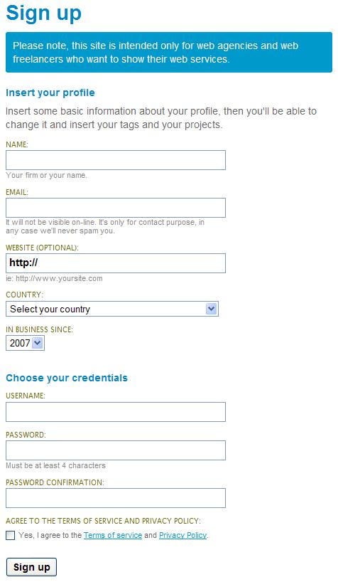 Professional On The Web registration form design example