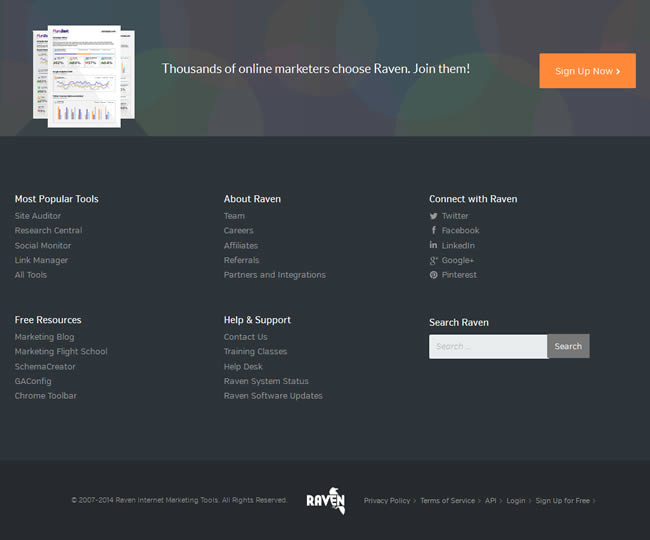 Raven Tools website footer design example