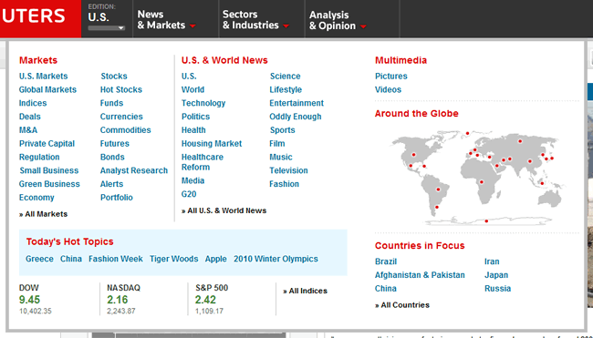 Reuters mega menu design example