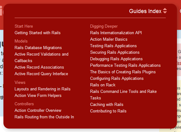 RailsGuides mega menu design example