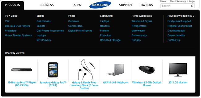Samsung mega menu design example