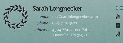 Contact information in Sarah Longnecker website footer