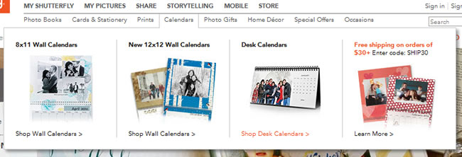 Shutterfly website mega menu design example