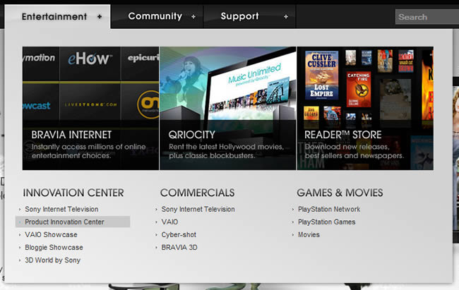 Sony Style mega menu design example