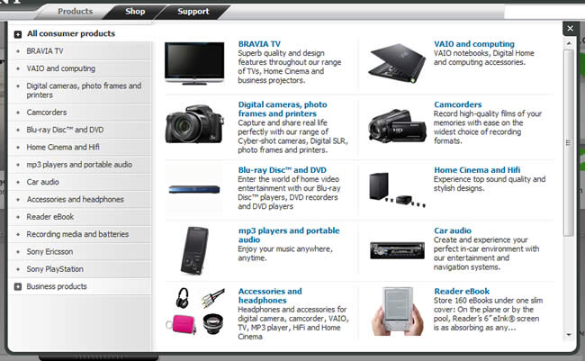 Sony UK mega menu design example