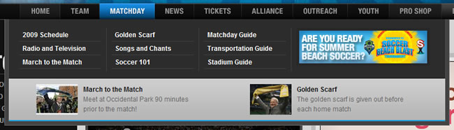 Seattle Sounders FC mega menu design example