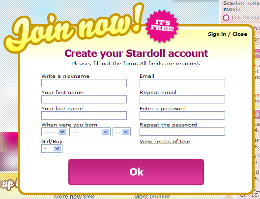 Stardoll registration form design example