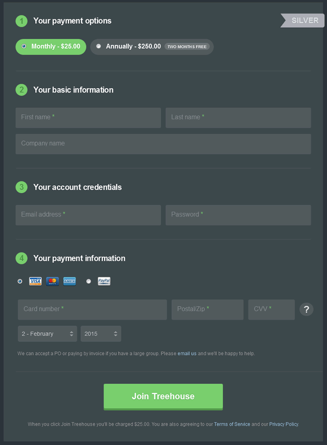 Treehouse online signup form design example