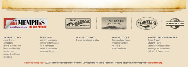 Tennessee Vacation website footer design example