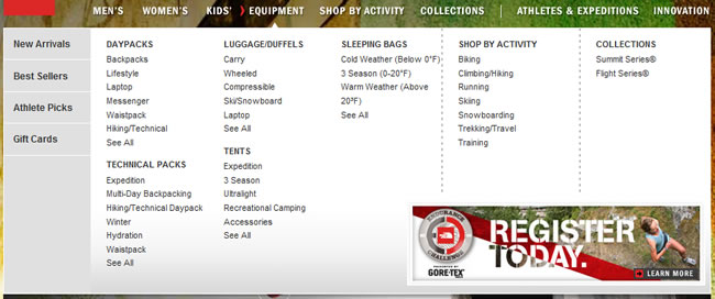 The North Face mega menu design example
