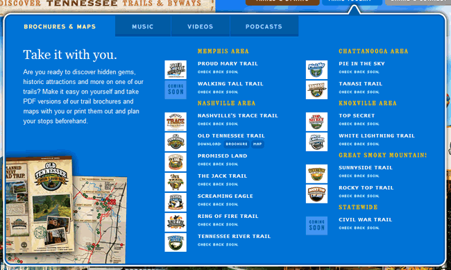 Tennessee Trails and Byways mega menu design example