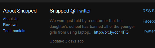 Twitter feed in Snupped website footer
