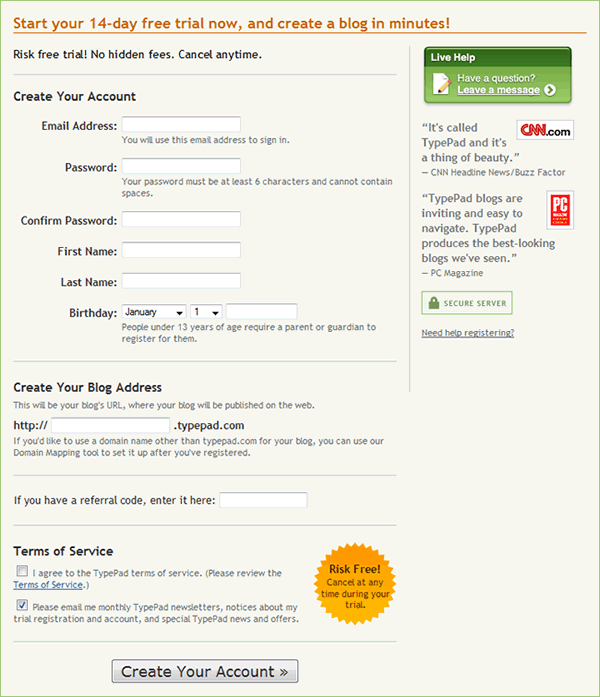 Typepad signup form design example