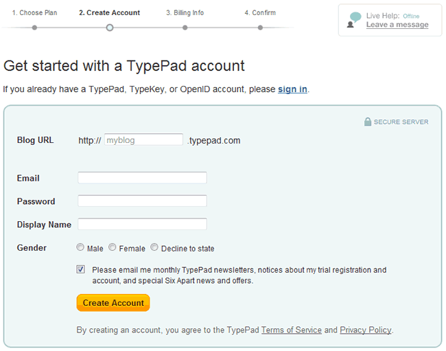 TypePad registration form design example