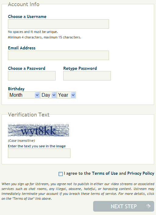Ustream.tv registration form design example
