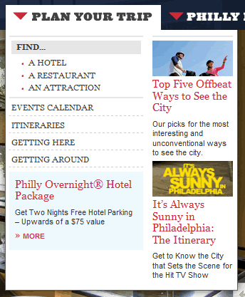 Visit Philadelphia mega menu design example