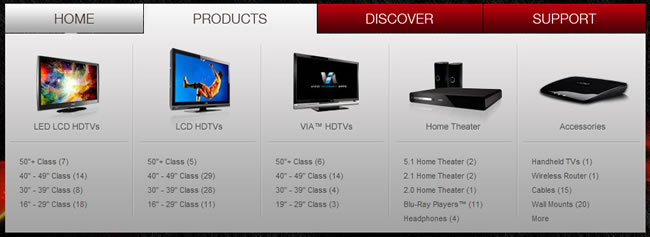Vizio mega menu design example