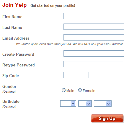 Yelp registration form design example