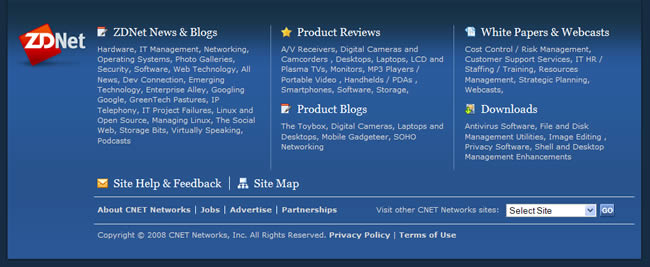 ZDNet website footer design example