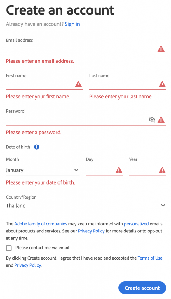 Adobe online form error message example