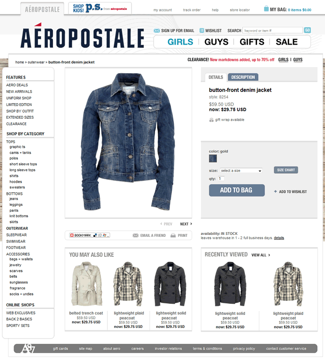 Aéropostale ecommerce product page design example