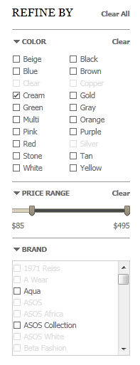 Asos faceted navigation design example