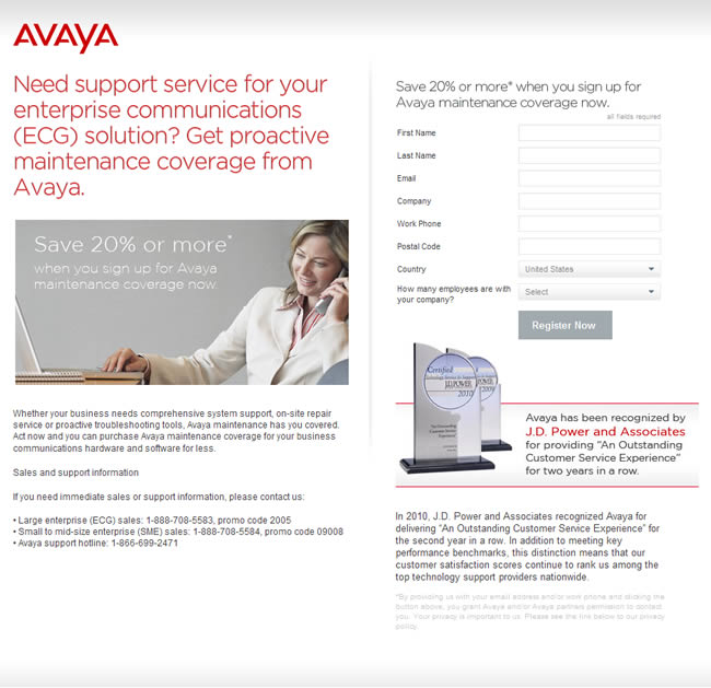 Avaya landing page design example