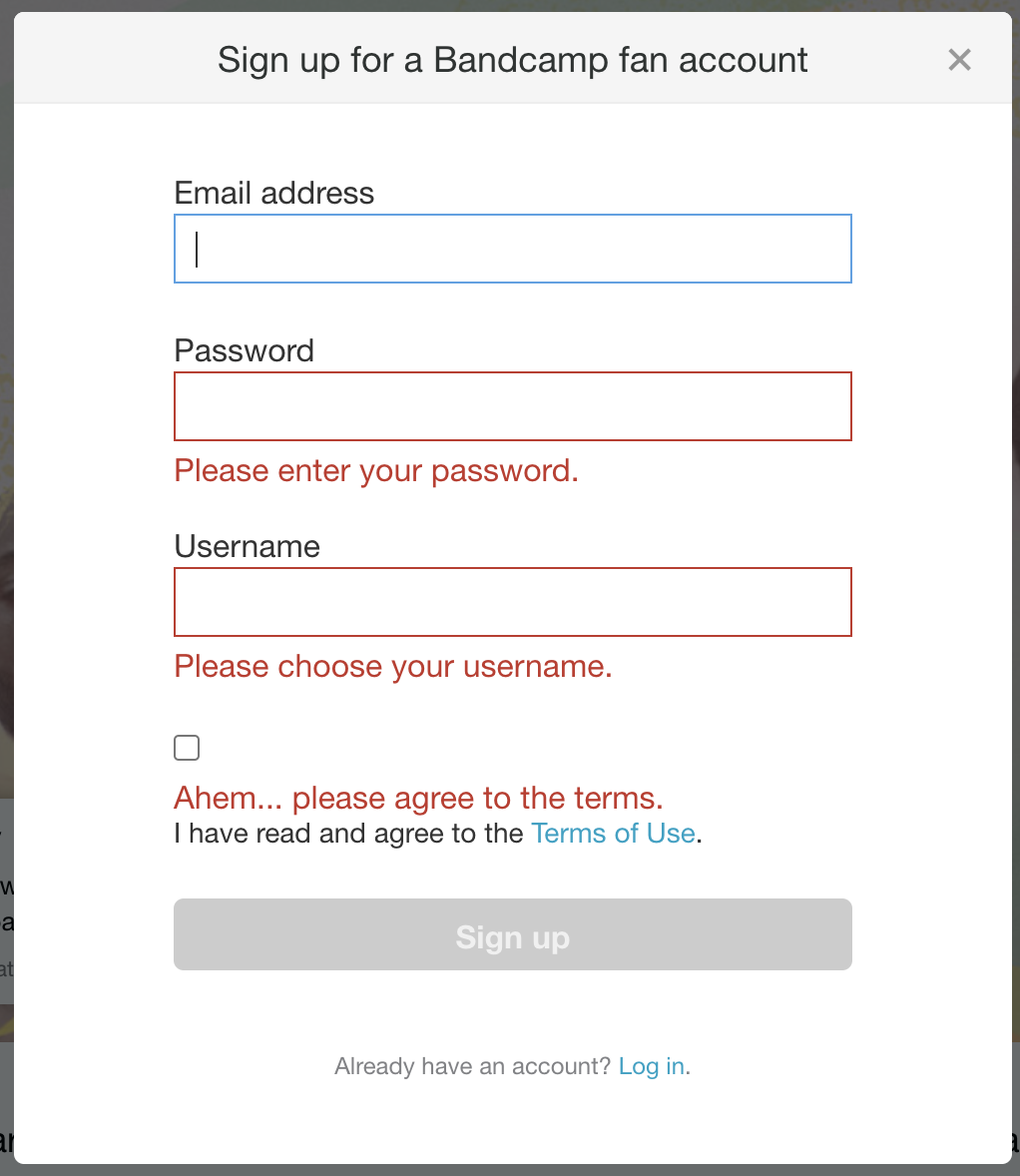 Bandcamp online form error message example