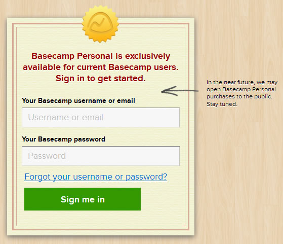 Basecamp Personal login form design example