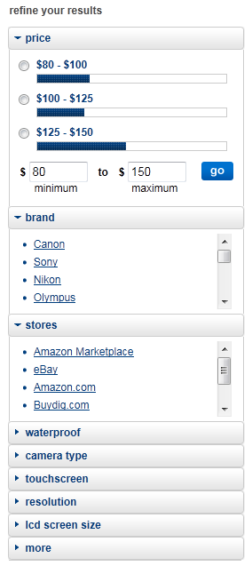 Bizrate faceted navigation design example