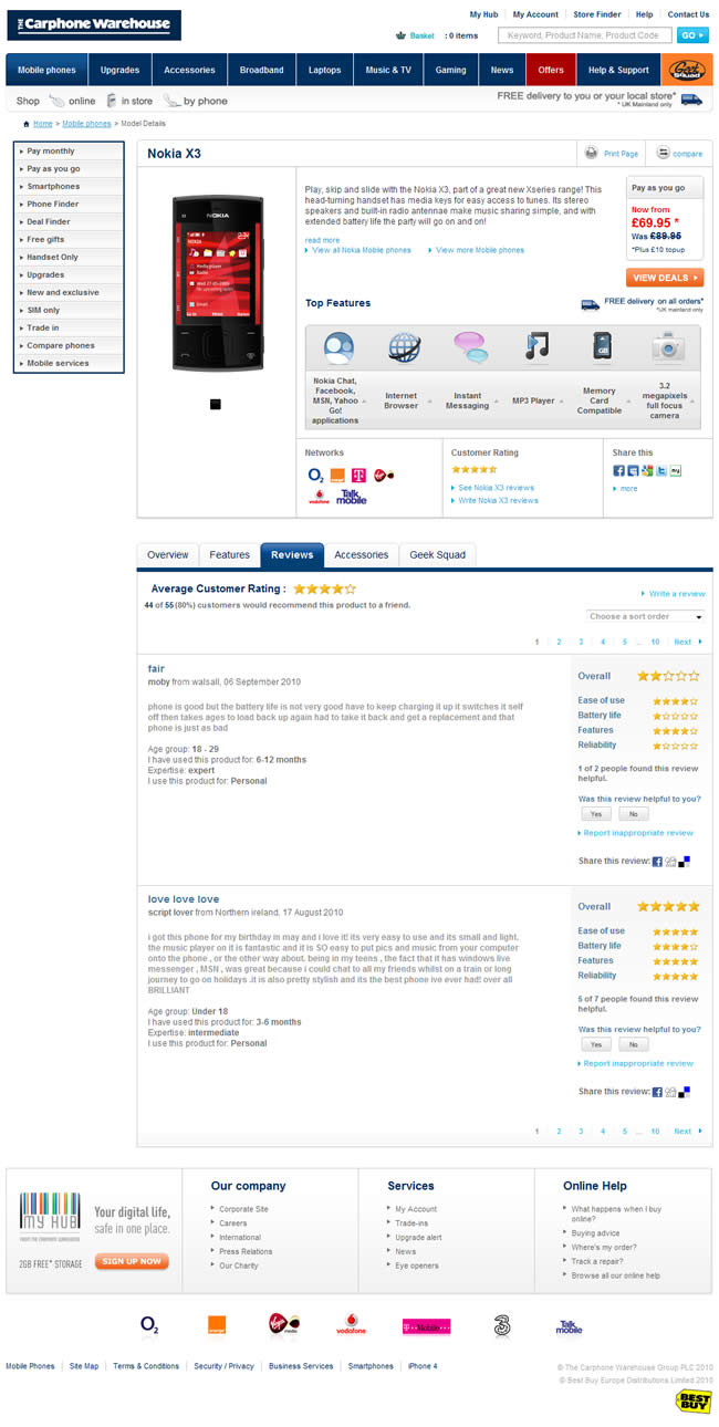 The Carphone Warehouse ecommerce product page design example