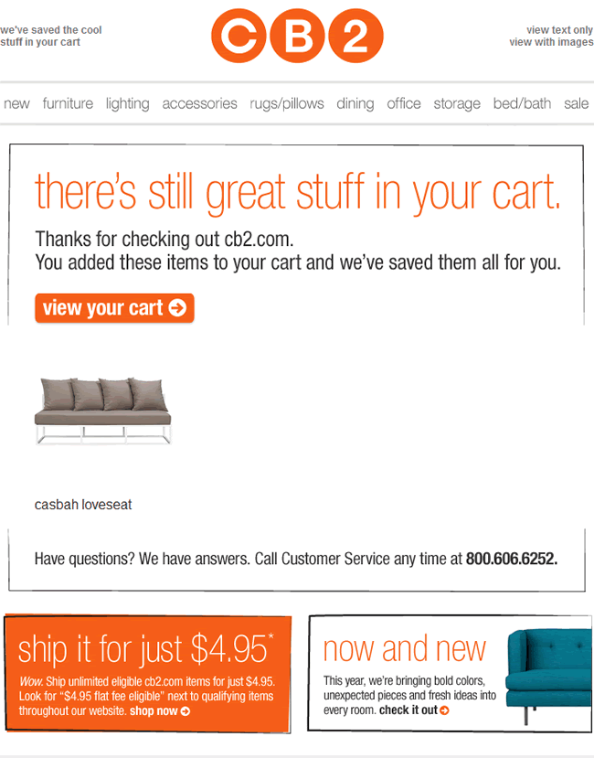 CB2 abandoned cart email design example