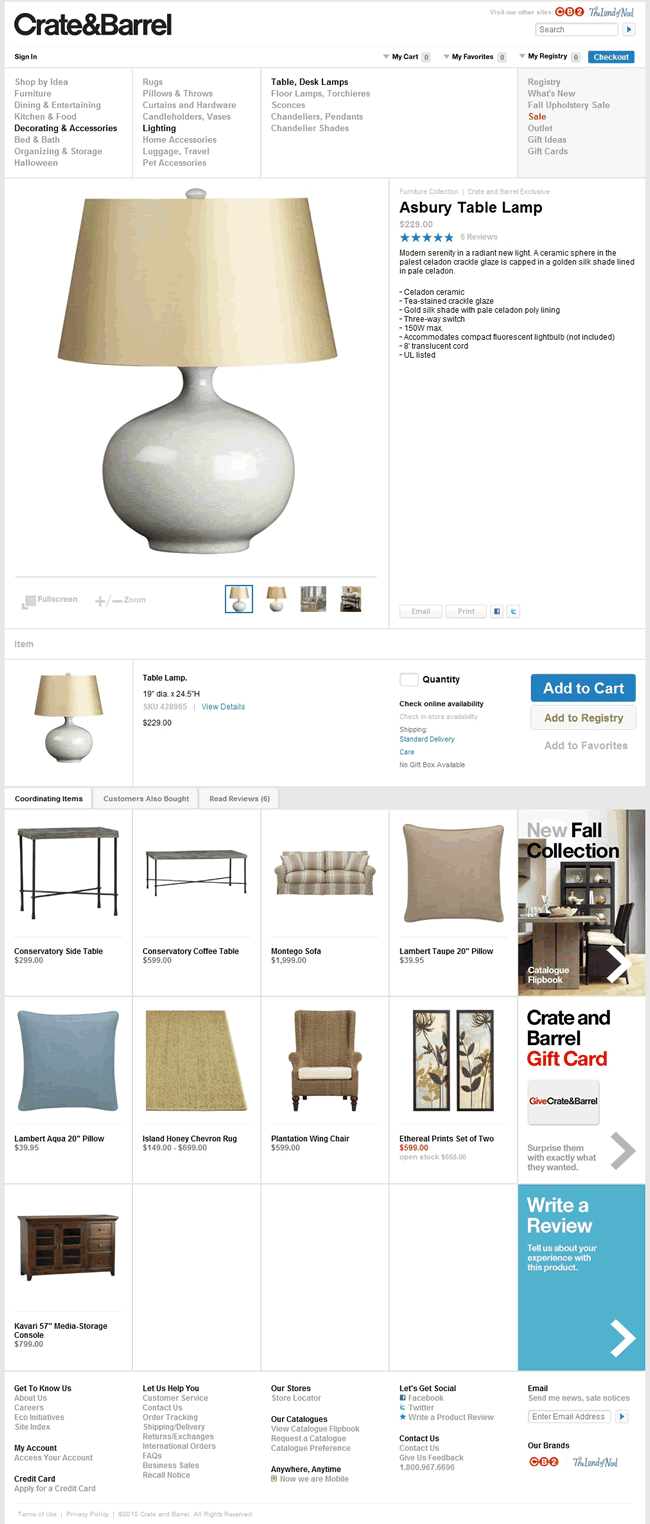 Crate and Barrel ecommerce product page design example